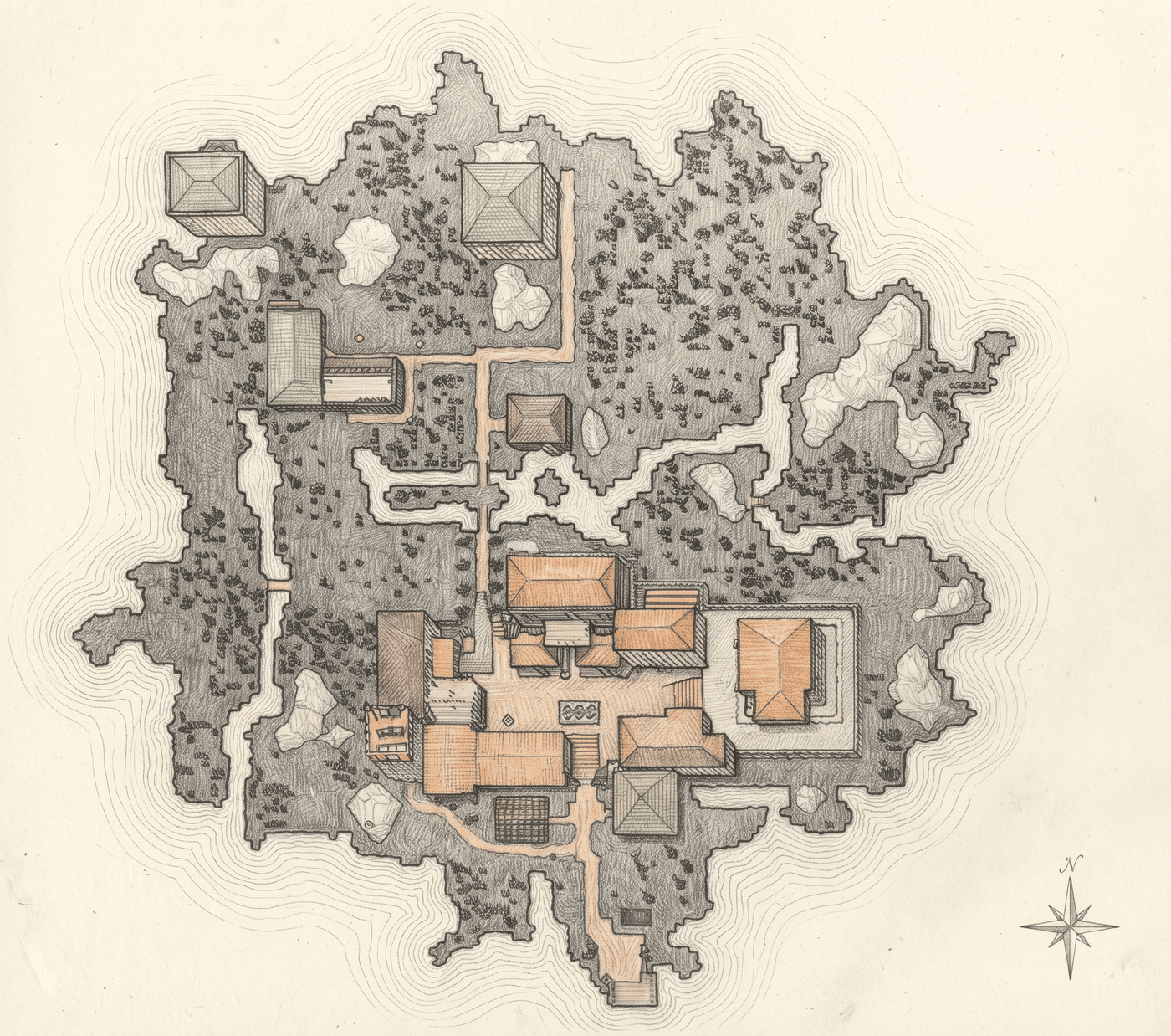 Hand-drawn map of Fibula: a wooded island ringed by depth contours, with a cluster of
                      orange-roofed buildings and a walled keep to the south, scattered huts and towers through
                      the forest to the north, footpaths linking them, and a compass rose in the lower right.