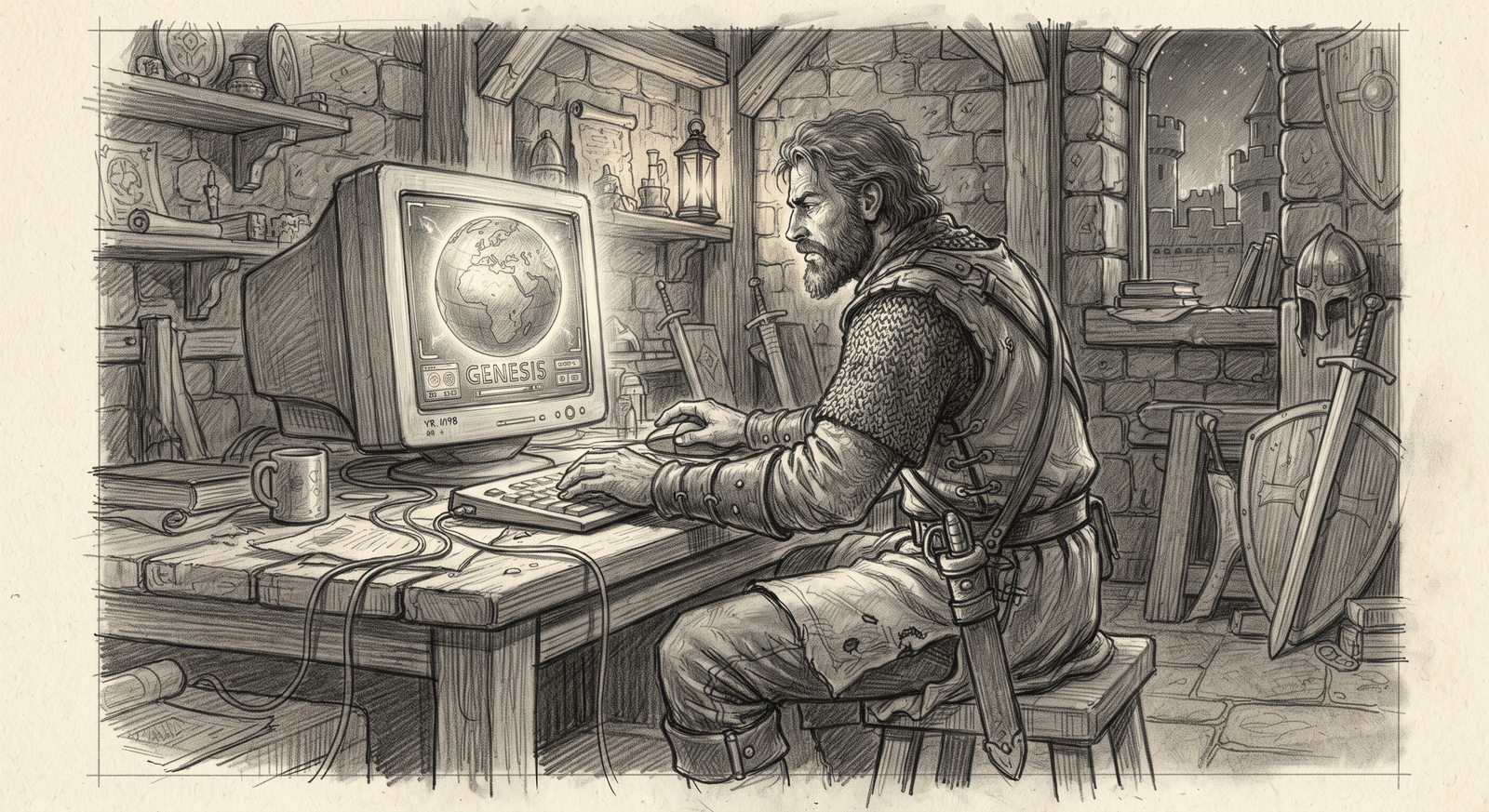 Pencil illustration of a lone armoured adventurer sitting at a wooden workbench in a stone chamber, working on an old computer that displays a globe labelled Genesis, surrounded by swords, a shield, a helmet and a lantern.